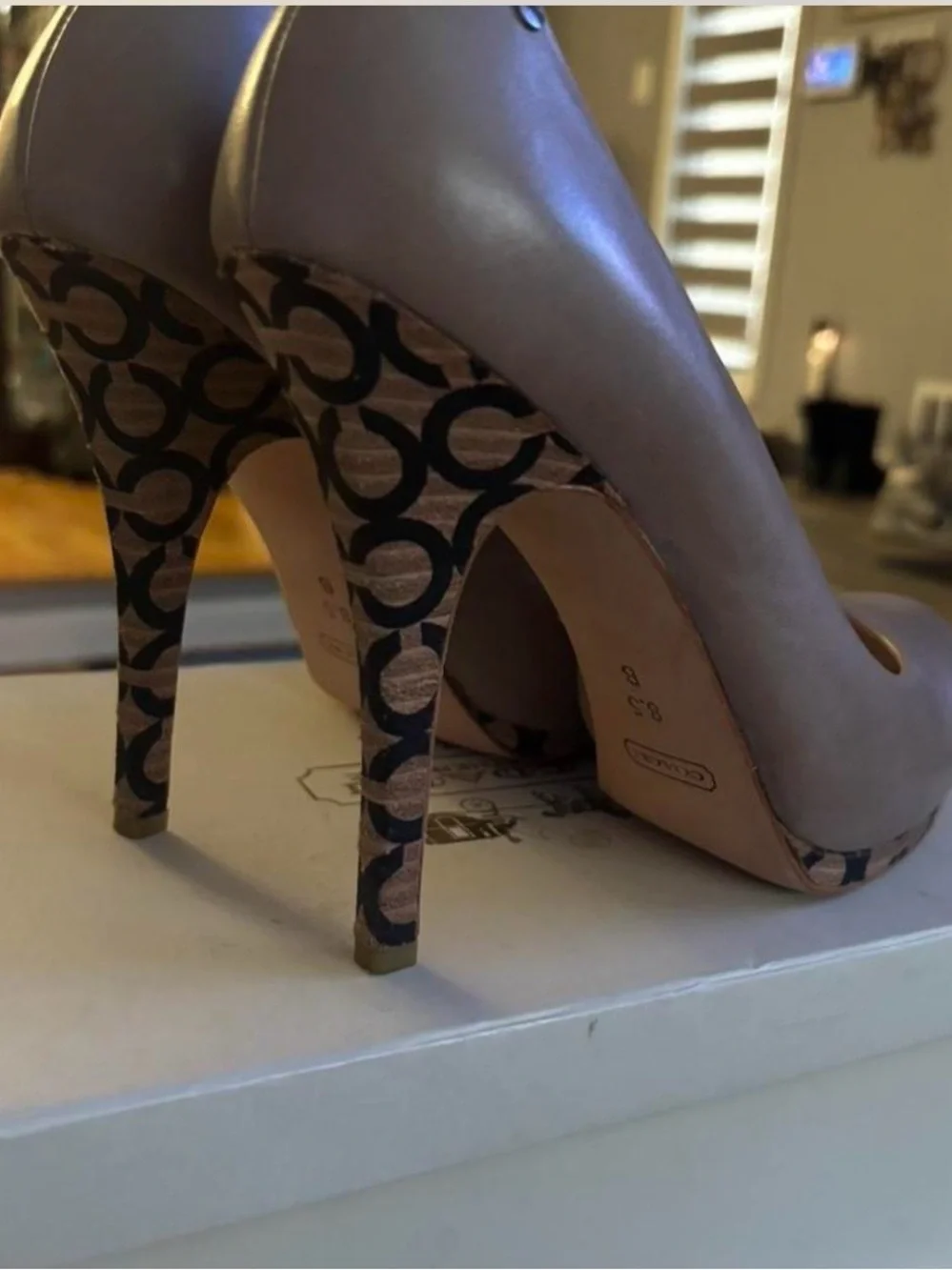 Coach Taupe Leather Platform Pumps with Signature Patterned Heel